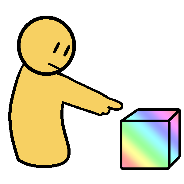 A yellow person pointing at a pastel rainbow cube.